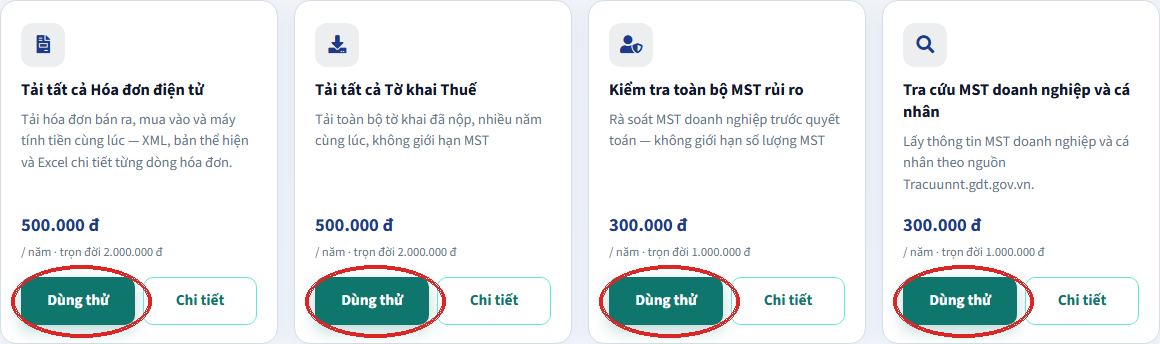 Bốn app trên trang chủ Tax3s: Tải hóa đơn, Tờ khai, MST rủi ro, Tra cứu MST