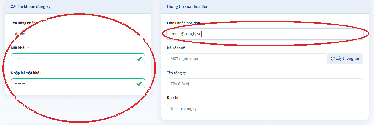 Form đăng ký: tài khoản và thông tin xuất hóa đơn