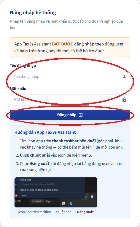 Trang đăng nhập hệ thống Tax3s